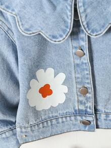 女嬰印花貝殼邊誇大領口牛仔夾克 - 淺色水洗藍 - 查看 5