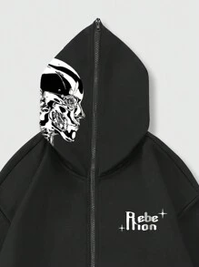 ROMWE MEN Goth Men's Black Zipper Hoodie With Back Print - Black - View 5