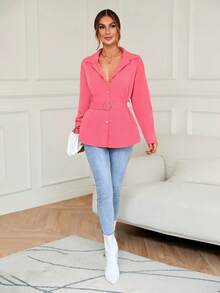 SHEIN Clasi Solid Button Front Belted Shirt - Pink - View 3