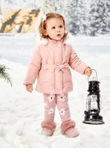 SHEIN Baby Girl Floral Pattern Thermal Lined Knit Pants - Pink - View 5