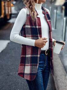 SHEIN LUNE Áo blazer in họa tiết kẻ sọc hở phía trước - Đỏ - Xem 4