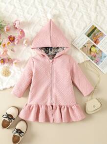 Baby Girl Solid Ruffle Hem Zip Up Hooded Dress