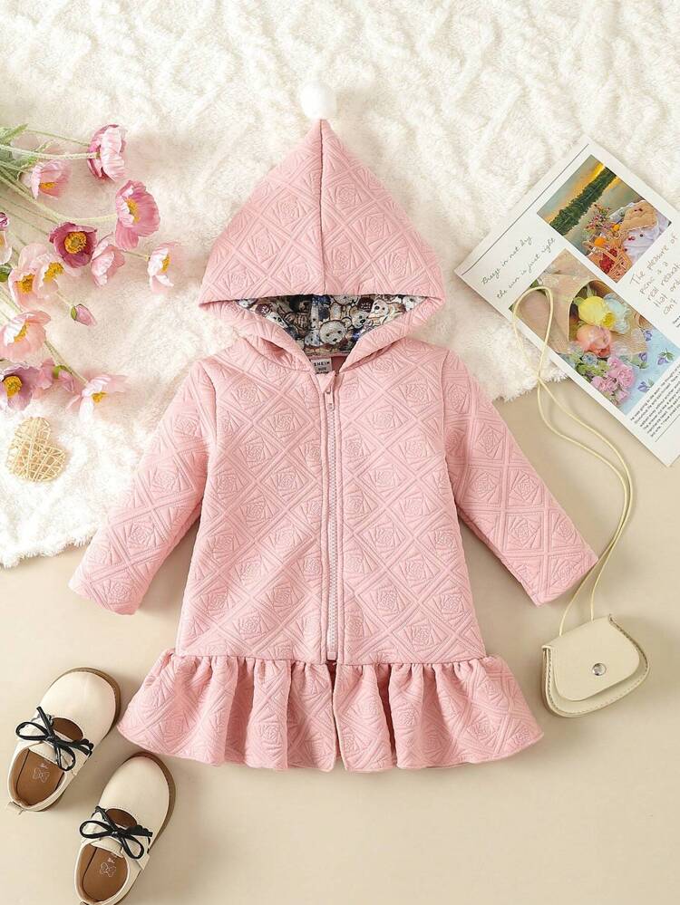 Baby Girl Solid Ruffle Hem Zip Up Hooded Dress