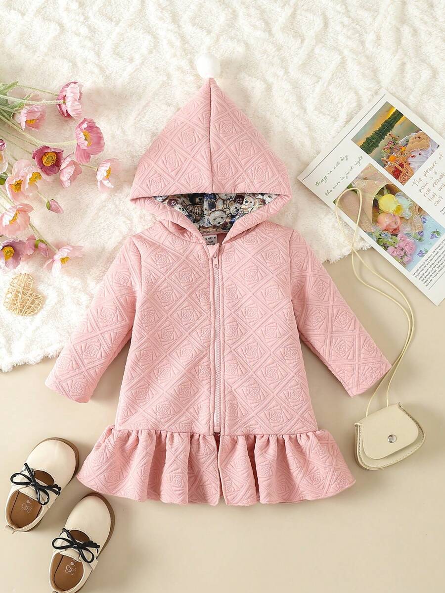 Baby Girl Solid Ruffle Hem Zip Up Hooded Dress