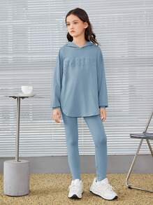 SHEIN Áo hoodie và quần legging có viền trễ vai nổi của Tween Girl Letter - Màu xanh bụi bặm - Xem 6