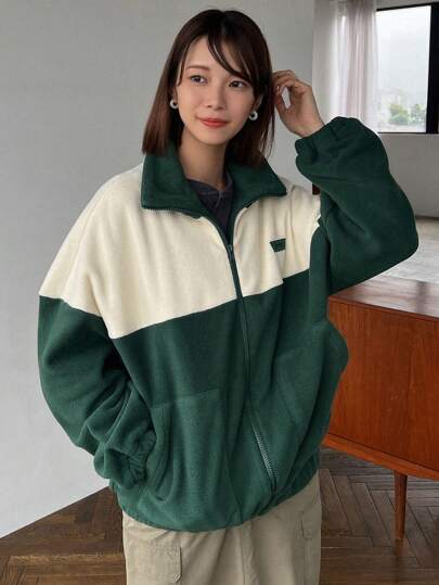 FRIFUL 双色字母贴片细节落肩拉链羊毛大衣，女士冬季休闲口袋，拉链落肩领超大绿色拼色女式大衣，休闲日常女式夹克，秋季女装