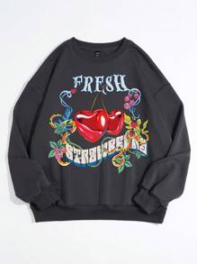 SHEIN EZwear 櫻桃和字母圖案下擺寬鬆圓領長袖女士運動衫 - 深灰色 - 查看 1