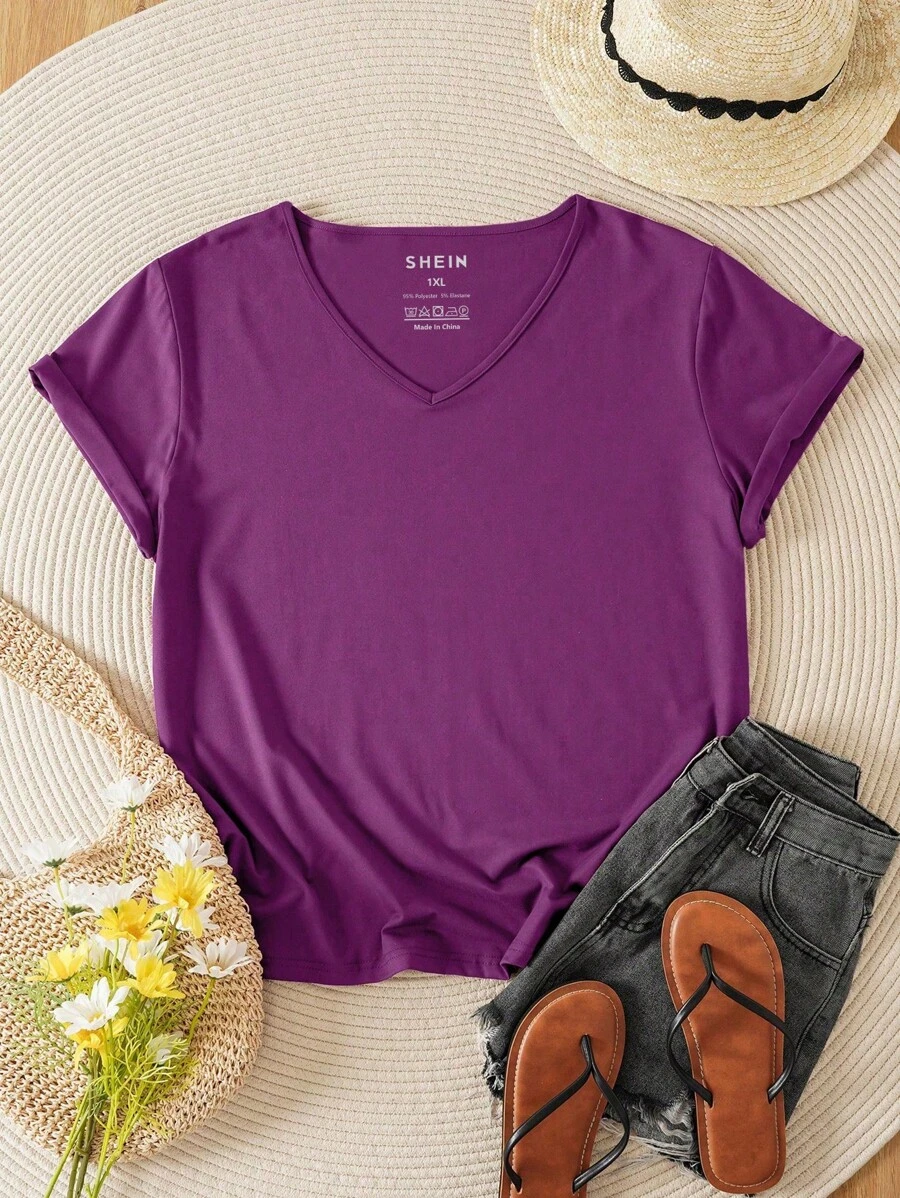 INAWLY Plus Solid V Neck Tee - Purple - View 1