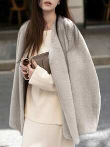 Solid Drop Shoulder Open Front Fuzzy Coat - Grey - View 5