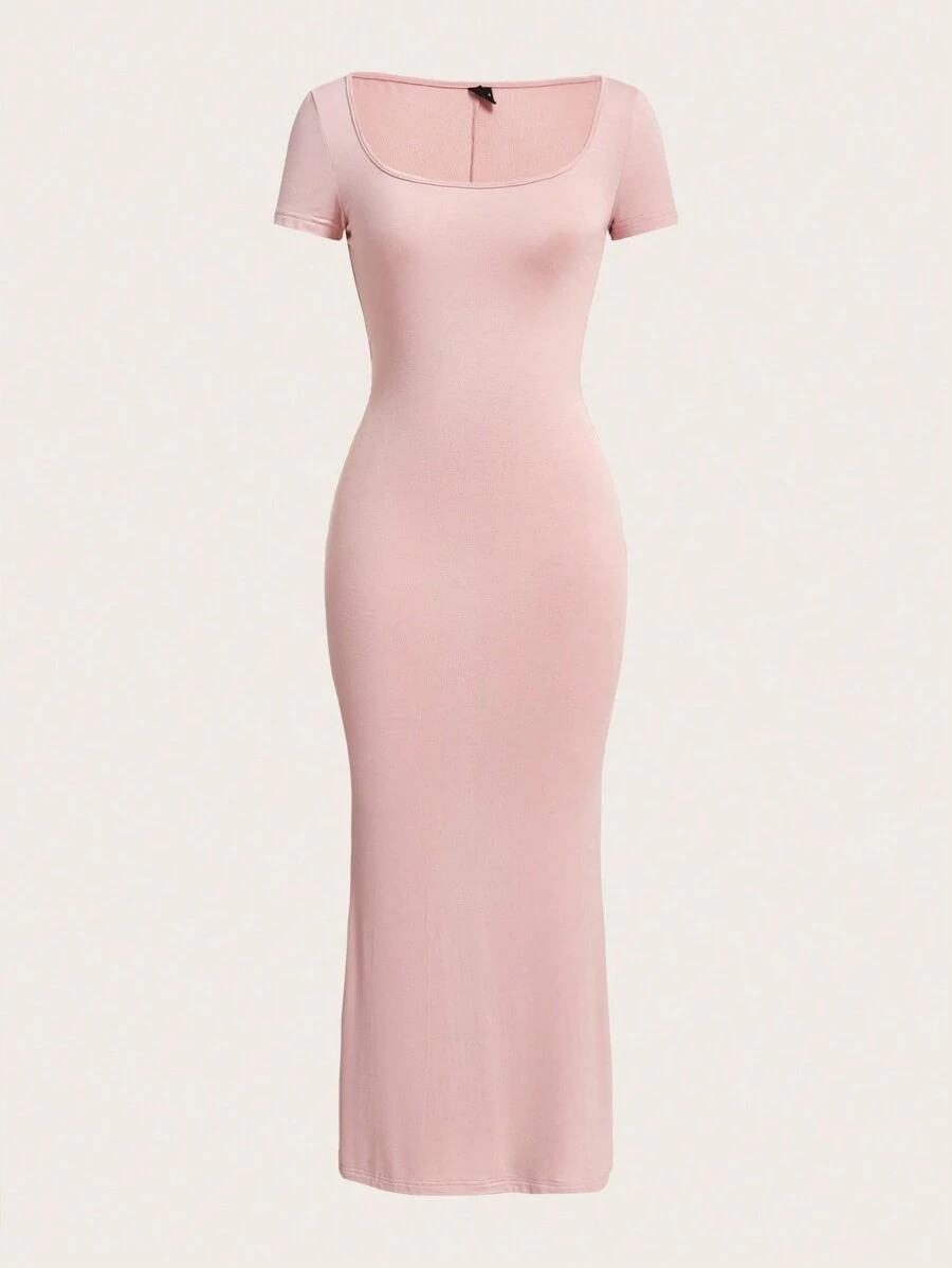 SHEIN EZwear Women's Solid Color Square Neck Short Sleeve Fitted Knit Dress