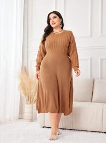 Mulvari 大碼麻花編織落肩袖毛衣洋裝 - 卡其色 - 查看 1