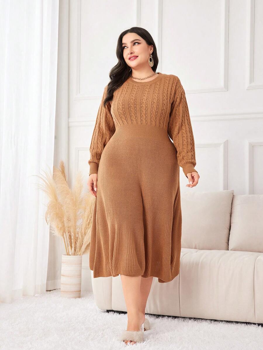 Mulvari 大碼麻花編織落肩袖毛衣洋裝 - 卡其色 - 查看 1