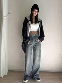 DAZY Quần jean ống rộng rách - Rửa trung bình - Xem 5