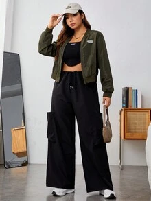 SHEIN EZwear 大碼字母補丁細節拉鏈開襟飛行員夾克 - 軍綠色 - 查看 6