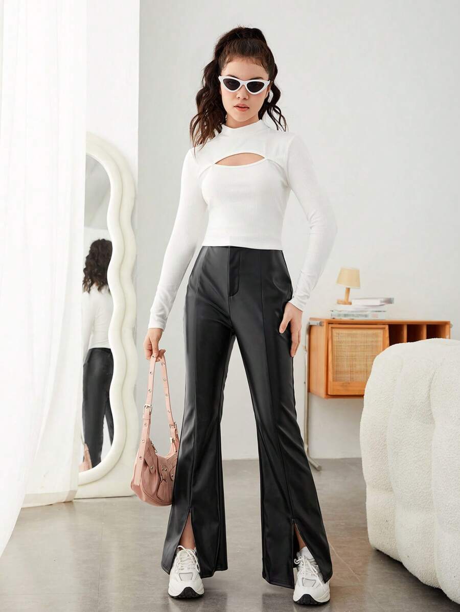 青少年女孩前鏤空T恤和下擺開叉長褲