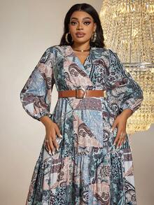 Plus Patchwork Print Lantern Sleeve Ruffle Hem Dress Without Belt - Multicolor - View 5