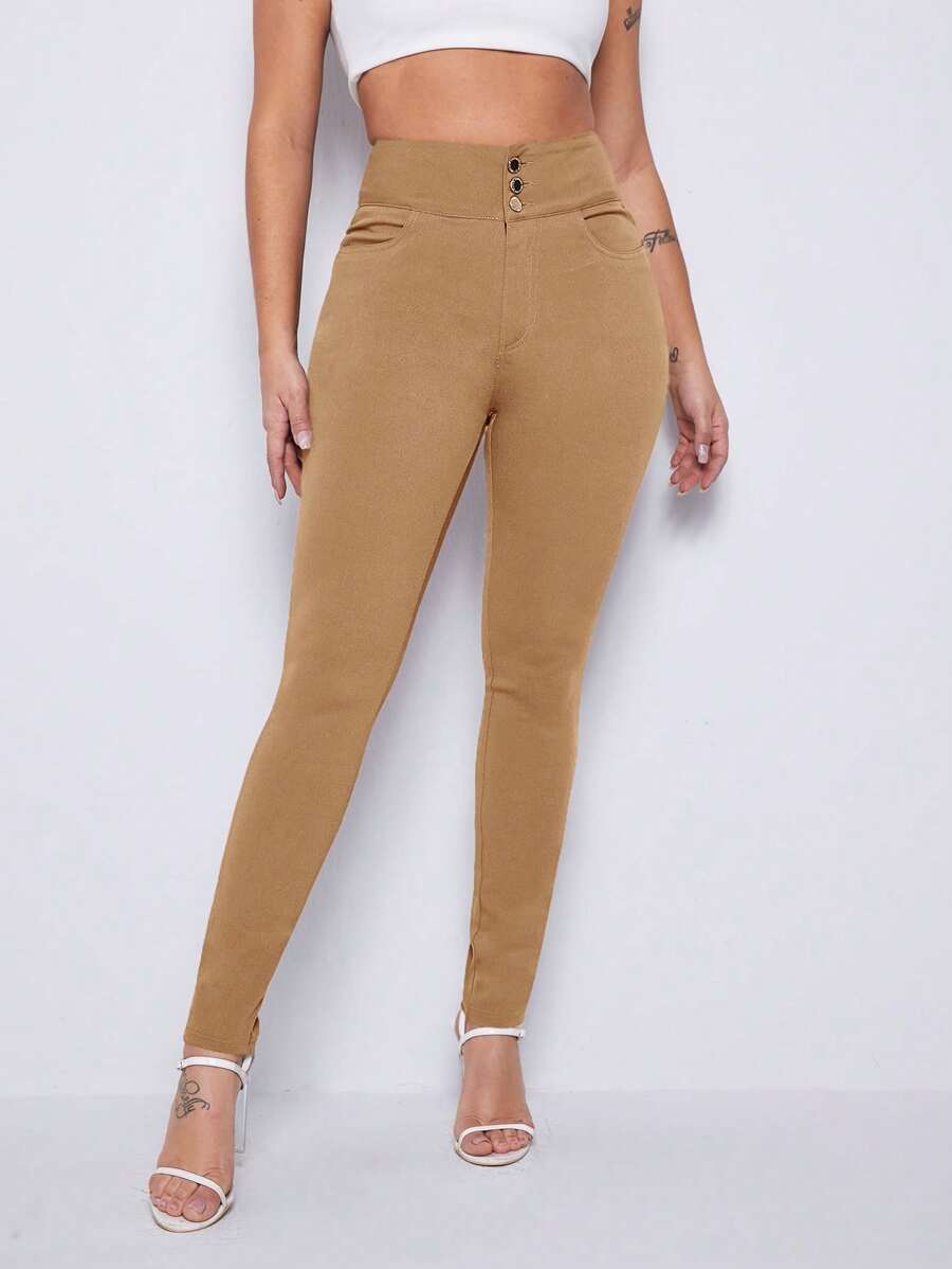 SHEIN 女性時尚修身純色長褲，休閒寬鬆款式 - 卡其色 - 查看 1