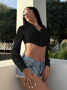 SHEIN SXY Solid Button Front Crop Shirt - Black - View 3