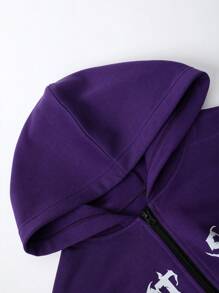 Manfinity EMRG 男士骷髅圖案拉鏈開襟加絨內裏連帽衫不帶T恤 - 紫色 - 查看 4