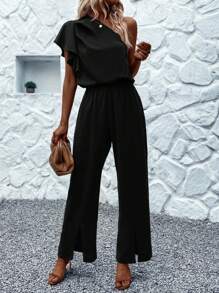 SHEIN LUNE Một bờ vai Viền chia cắt Áo liền quần - màu đen - Xem 1