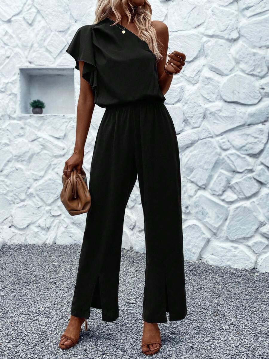 SHEIN LUNE Một bờ vai Viền chia cắt Áo liền quần - màu đen - Xem 1