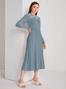 Modelyn 拼接邊百褶下擺毛衣洋裝 - 藍色 - 查看 3