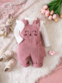 Baby Girl Solid Tee & Cartoon Embroidery 3D Ear Design Overall Jumpsuit - Pink - View 1