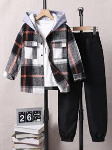 Tween Boy Plaid Print Hooded Shirt & Pants Without Tee - Multicolor - View 1