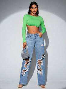 SHEIN SXY High Waist Ripped Straight Leg Jeans - Light Wash - View 5