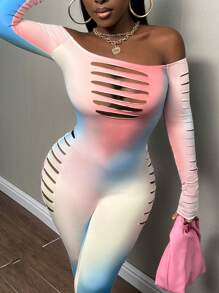 Slaydiva Ombre Off Shoulder Ladder Cut Out Unitard Jumpsuit - Multicolor - View 4