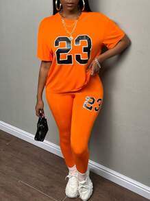 Slaydiva 熒光橙數字圖案落肩T恤&緊身打底褲