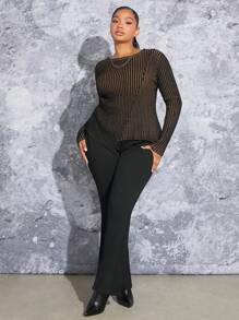 SHEIN SXY 大碼條紋圖案不對稱下擺套頭毛衣 - 鏽棕色 - 查看 5