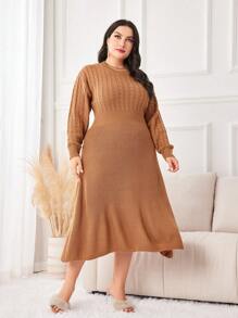 Mulvari 大碼麻花編織落肩袖毛衣洋裝 - 卡其色 - 查看 5