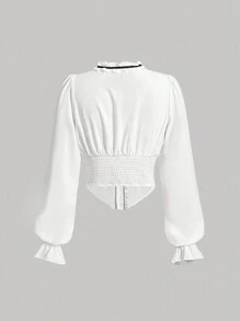 SHEIN MOD 繫帶領荷葉邊荷葉袖荷葉邊繫帶領襯衫 - 白色 - 查看 2