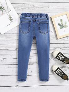 SHEIN 年輕女孩的牛仔彈性褲,貓爪紋路設計,休閒寬鬆款式,有彈性的腰圍 - 中等水洗藍 - 查看 2