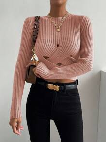 SHEIN Essnce Crisscross Cut Out Ribbed Knit Sweater - Dusty Pink - View 3