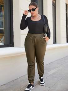 RueChic Plus Drawstring Waist PU Leather Pants - Green - View 4