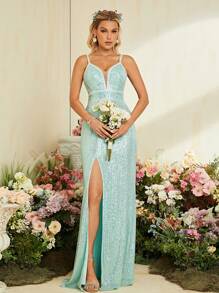 Split Thigh Sequin Cami Prom Dress - Mint Green - View 1