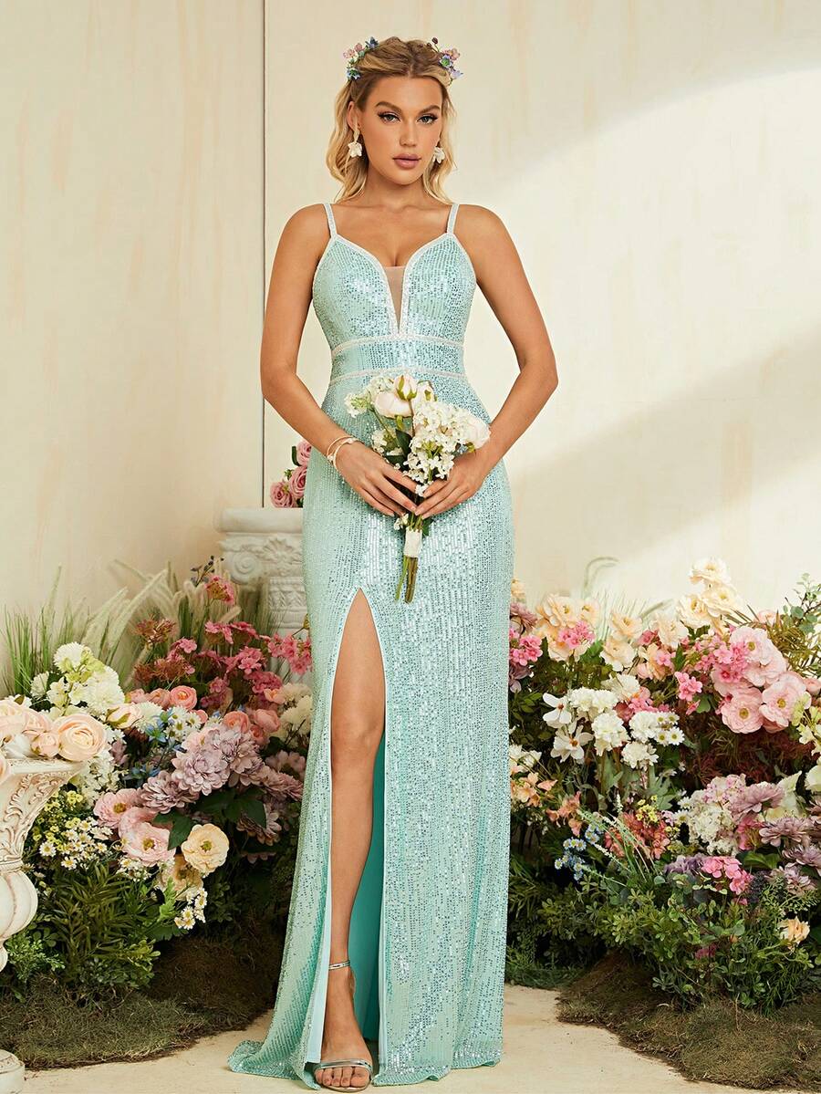 Split Thigh Sequin Cami Prom Dress - Mint Green - View 1