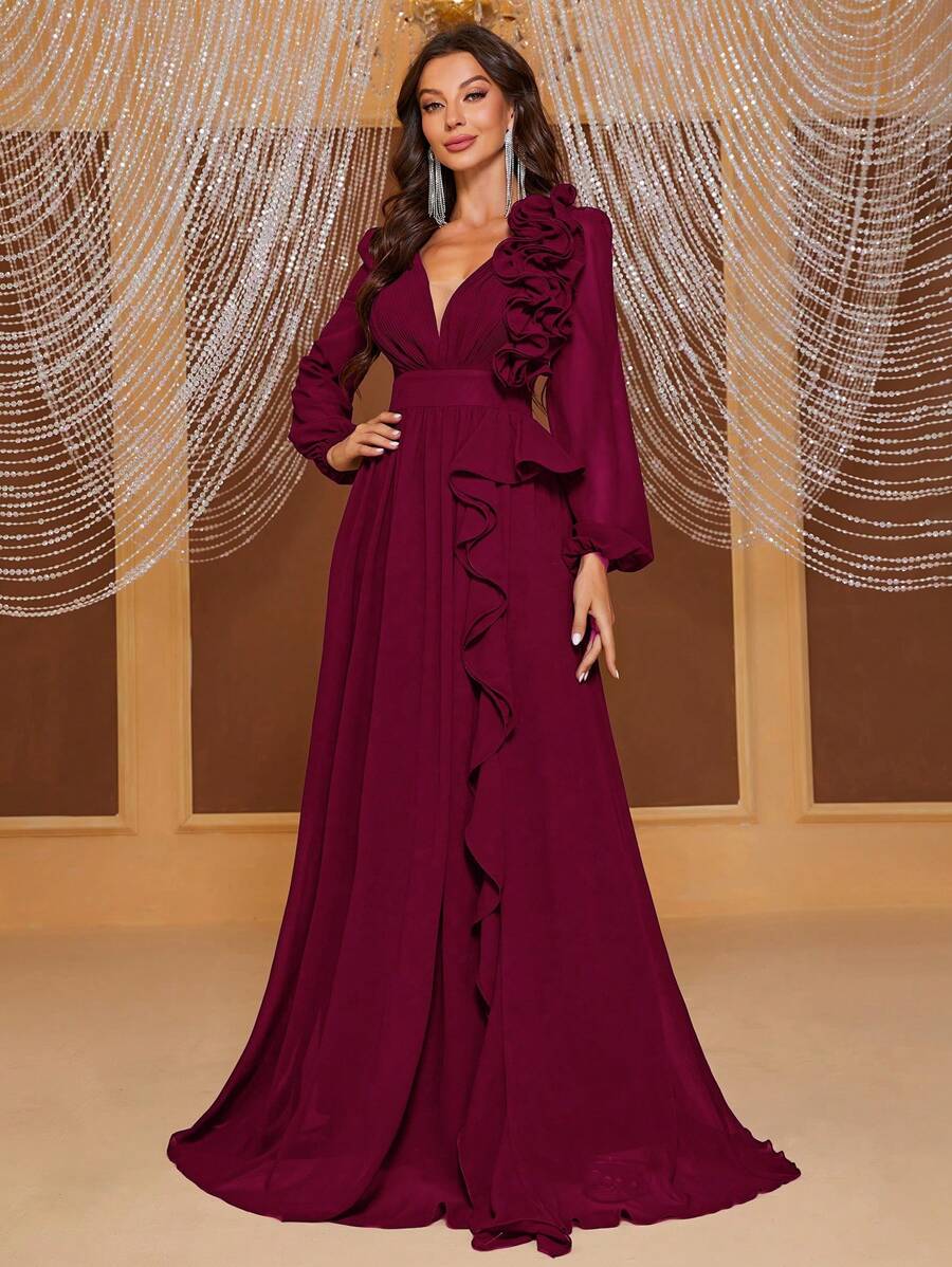 YISIKADO Plunging Neck Ruffle Trim Lantern Sleeve Dress