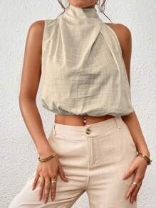SHEIN Privé Solid Keyhole Back Halter Neck Tie Backless Crop Tank Top - Khaki - View 3