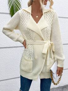 SHEIN Clasi Dual Pocket Belted Cardigan - Apricot - View 3