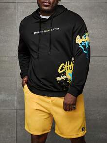 Manfinity RebelGame Men Plus Slogan Graphic Drawstring Hoodie & Shorts - Black - View 3