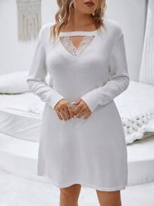 SHEIN Clasi Plus Contrast Lace Keyhole Neckline Drop Shoulder Sweater Dress - White - View 3