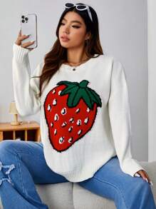 SHEIN EZwear 大碼草莓圖案落肩袖套頭毛衣 - 白色 - 查看 1