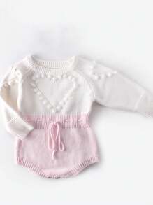 Baby Girl Pom Pom Detail Drawstring Waist Sweater Bodysuit - Pink - View 1