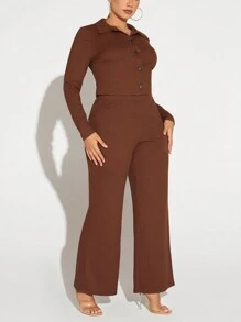 SHEIN SXY 大碼前紐扣T恤&喇叭褲 - 卡其色 - 查看 1