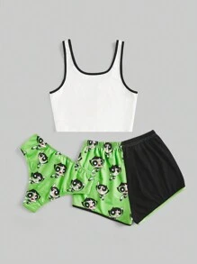 The Powerpuff Girls | ROMWE 3pcs Cartoon Graphic Contrast Binding PJ Set, School - Multicolor - View 2
