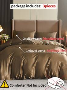 3 chiếc Satin Bộ Vỏ Chăn, Giả Lụa Bộ Chăn Ga Gối Màu Trơn Bộ Vỏ Chăn (1 Vỏ Chăn Và 2 Vỏ Gối Nằm) - Cà phê nâu - Xem 7