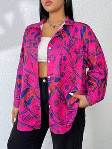 SHEIN Coolane Plus Allover Print Drop Shoulder Shirt - Hot Pink - View 5